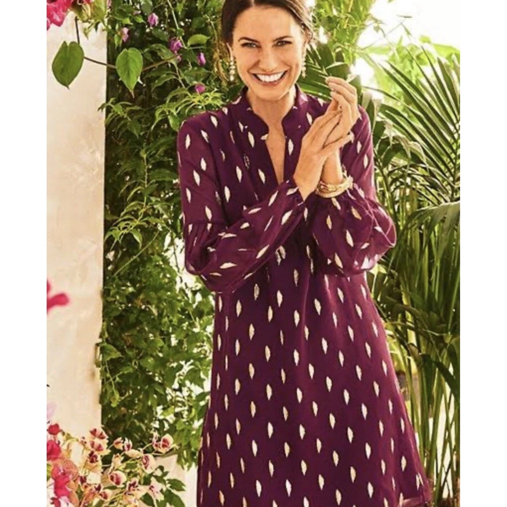 Lilly Pulitzer Shea Silk Dress Cabernet Berry Metallic‎ Diamond Clip Size 8